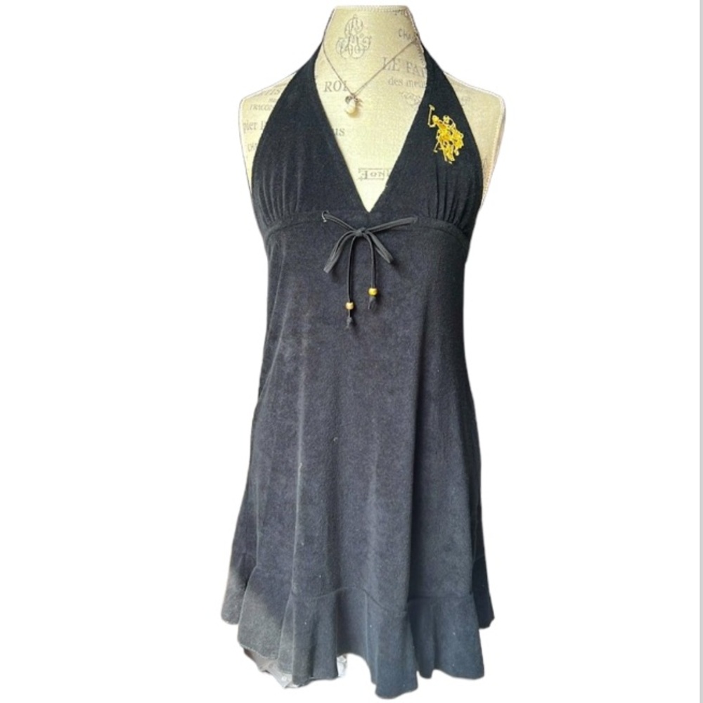 Black U.S. Polo Assn. Halter Bathing-suit Cover Up Terrycloth Dress w/GOLD Pony